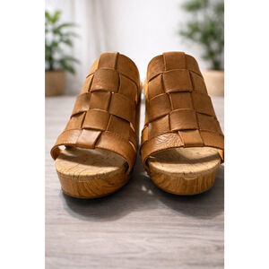 Kork-Ease Leather Woven Platform Clog Sandals Brown Boho Chunky Heel Women’s Sz